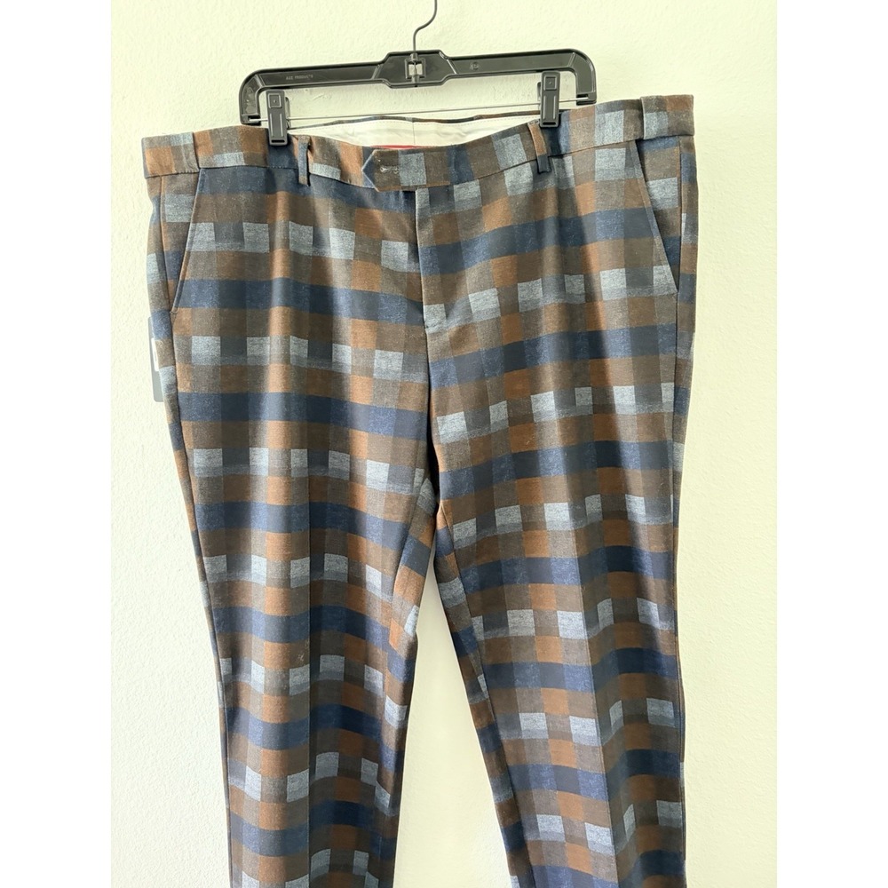 NWT Barabas FlexDress Pants Mens 42 Brown And Navi Plaid Slim Fit Casual